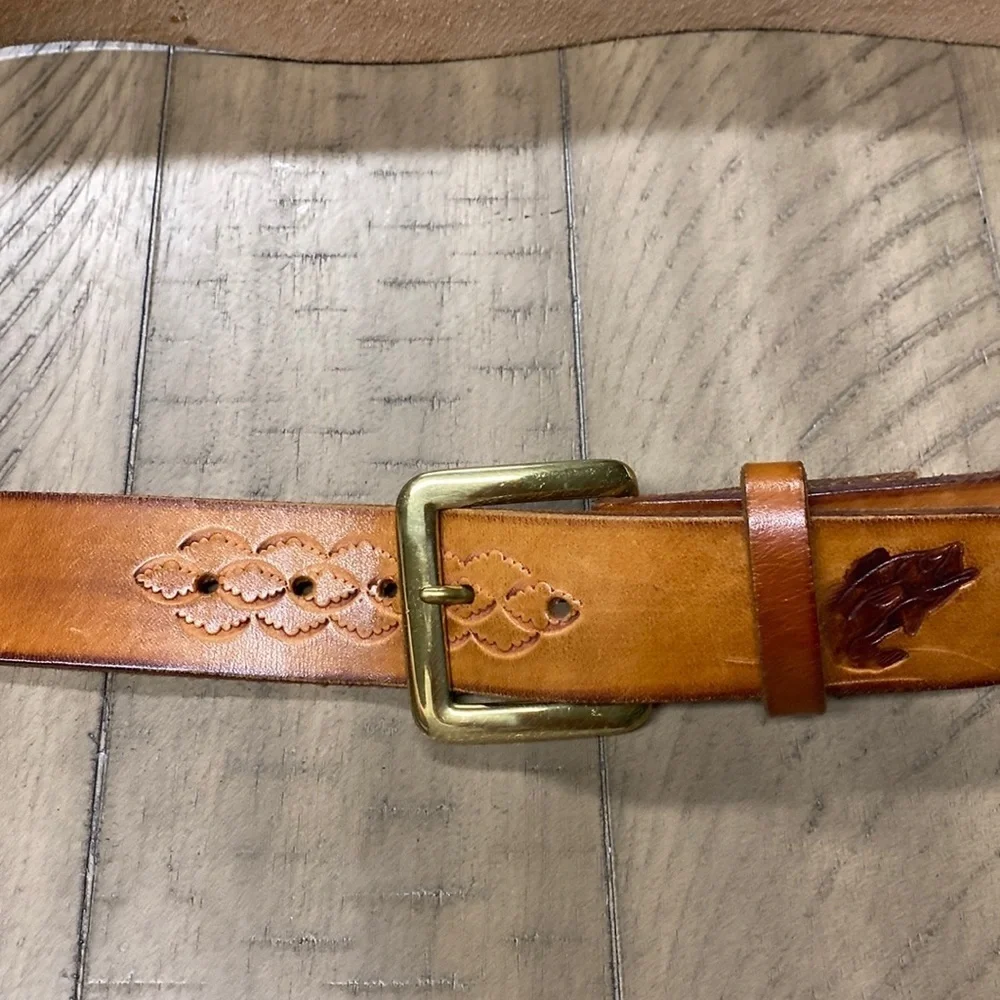 Tan leather belt with fish motif size 38